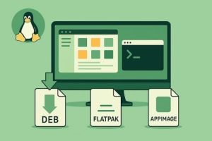 Illustrasjon av Linux-skrivebord med programinstallasjon via .deb, Flatpak og AppImage