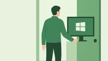 Illustrasjon av en bruker foran PC med speil som symboliserer overvåkning