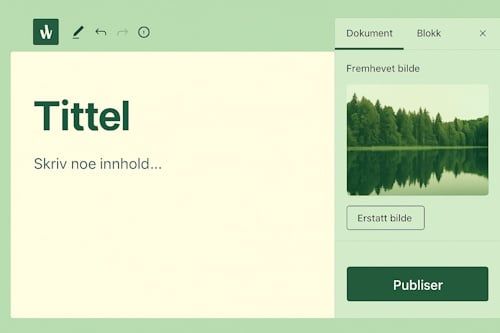Skjermbilde av WordPress-editor der et fremhevet bilde er valgt i sidepanelet