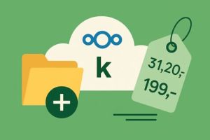 Illustrasjon av skylagring med mappe, prislapp og serverikon som symboliserer Nextcloud-kostnader