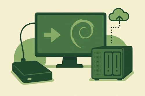 Illustrasjon av Debian som monterer USB- og nettverksdisker automatisk ved oppstart (alt-tekst: Automatisk montering av disker i Debian
