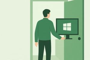 Illustrasjon av en bruker foran PC med speil som symboliserer overvåkning