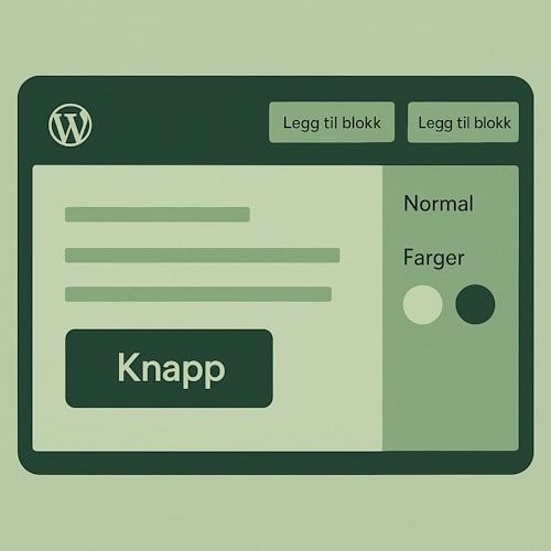 Skjermbilde av WordPress blokkeditor der en knapp legges til med tekst og lenke