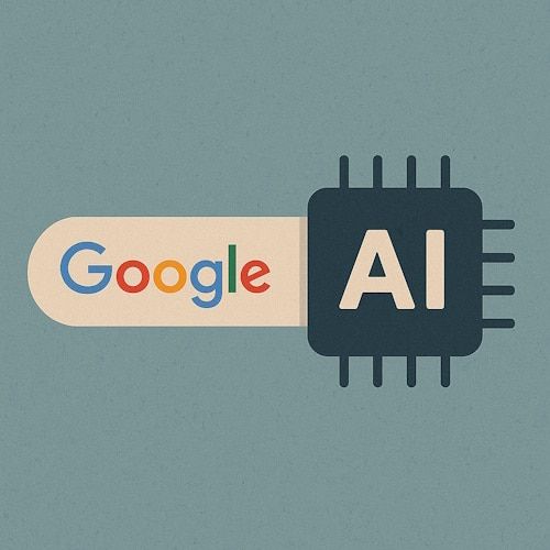 Illustrasjon som viser Google-logo og AI-chip, som symboliserer samspillet mellom søkemotorer og kunstig intelligens.