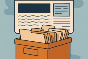 Illustrasjon av et nettleservindu oppå en boks med dokumenter, som symboliserer nettsidevedlikehold og viktigheten av å oppdatere publiserte nettsider.