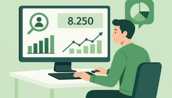 Illustrasjon av en person som analyserer kunde- og trafikkdata på skjerm, brukt som hero-bilde for KI-analyse av ny nettside.