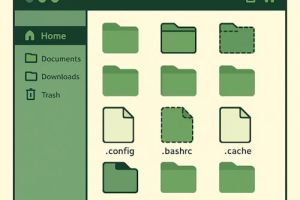 Illustrasjon av Debian filbehandler med skjulte filer synlige. (alt-tekst: Vise skjulte filer i Debian filbehandler