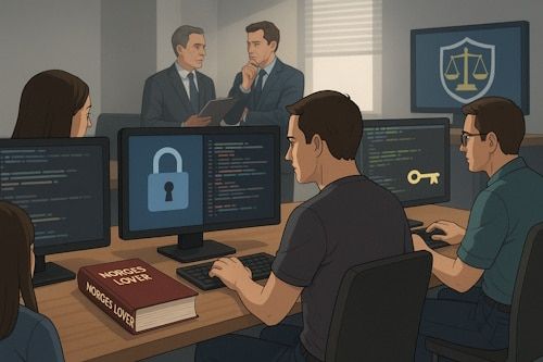 Illustrasjon av utviklere som programmerer sikkerhetsverktøy med Norges Lover på bordet, mens to sakkyndige i dress diskuterer i bakgrunnen. Skjermer viser kode, lås- og nøkkelikoner, samt et rettferdighetssymbol.