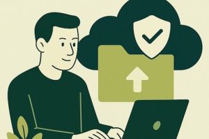 Illustrasjon av trygg lagring i Nextcloud med bruker, laptop, mappe og sikkerhetssymbol