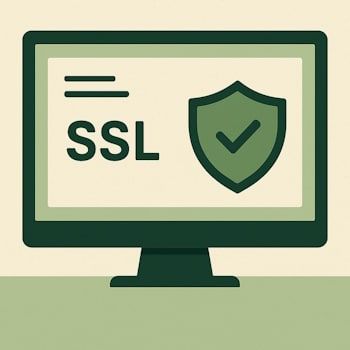 Nettside sikkerhet med SSL og skjold foran skjerm.