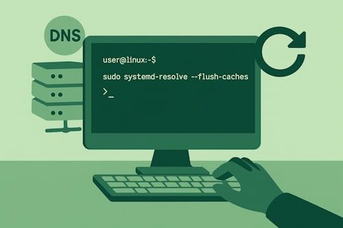 Illustrasjon av terminal der bruker tømmer DNS-cache i Linux