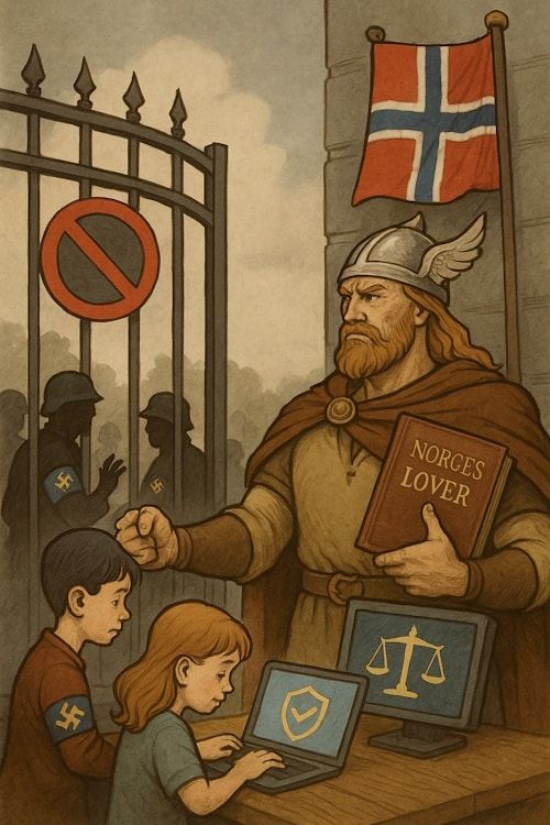 Illustrasjon av Norge som står foran en port med norsk flagg og holder Grunnloven, mens mørke EU-figurer med blå armbånd med gule hakekors forsøker å komme inn, men blir nektet adgang.