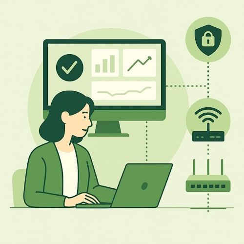 Illustrasjon av SMB-bedrift som administrerer hele nettverket via Omada-plattformen, med brannmur, WiFi og switcher i én løsning.