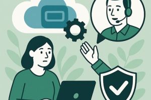 Illustrasjon av bruker som får teknisk support for Nextcloud med laptop, sky og supportmedarbeider