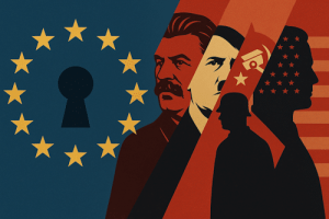 Digital illustrasjon av EU-flagget som en låssylinder, som gradvis avslører indre lag med portretter av Stalin og Hitler, symboler for kinesisk overvåking og amerikansk makt, som en visuell metafor for skjult autoritær kontroll bak en demokratisk fasade