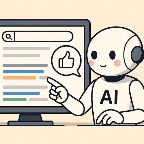 Digital illustrasjon av en vennlig KI-robot som evaluerer søkeresultater på en dataskjerm. Roboten peker på et søkeresultat og gir en tommel opp, som symboliserer hvordan kunstig intelligens vurderer og anbefaler innhold basert på kvalitet.