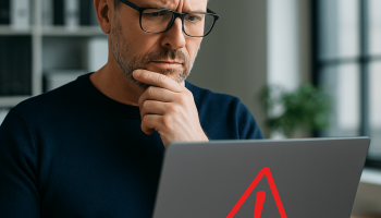 En bekymret mann ser på en bærbar PC med varseltrekant – et tydelig tegn på svak IT-sikkerhet i bedriften.