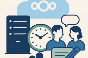 Illustrasjon av rask implementering av Nextcloud med server, klokke og samarbeidsikoner