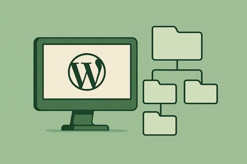 Illustrasjon av WordPress-logo på skjerm ved siden av en mappestruktur som symboliserer kategorier