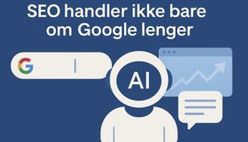 Illustrasjon som viser at søkemotoroptimalisering (SEO) i 2025 handler om både Google og kunstig intelligens (KI). En AI-figur analyserer informasjon mens Google-logoen og en samtaleboble vises i bakgrunnen.