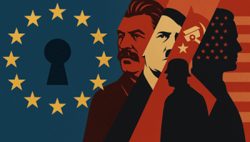 Digital illustrasjon av EU-flagget som en låssylinder, som gradvis avslører indre lag med portretter av Stalin og Hitler, symboler for kinesisk overvåking og amerikansk makt, som en visuell metafor for skjult autoritær kontroll bak en demokratisk fasade