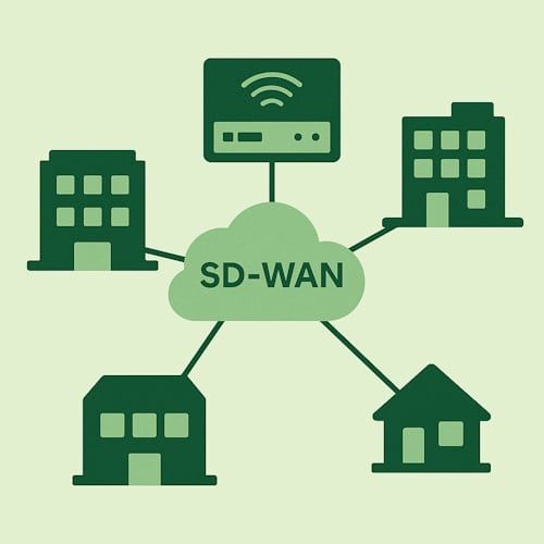 Illustrasjon av SD-WAN nettverk med flere lokasjoner koblet sammen.