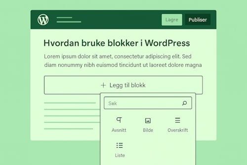kjermbilde av WordPress blokkeditor der en ny blokk legges til i et innlegg
