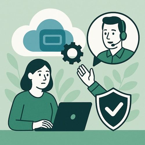 Illustrasjon av bruker som får teknisk support for Nextcloud med laptop, sky og supportmedarbeider