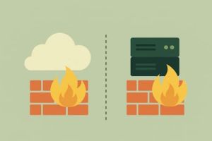 Illustrasjon av skybasert brannmur kontra lokal brannmur med servere og flammer.