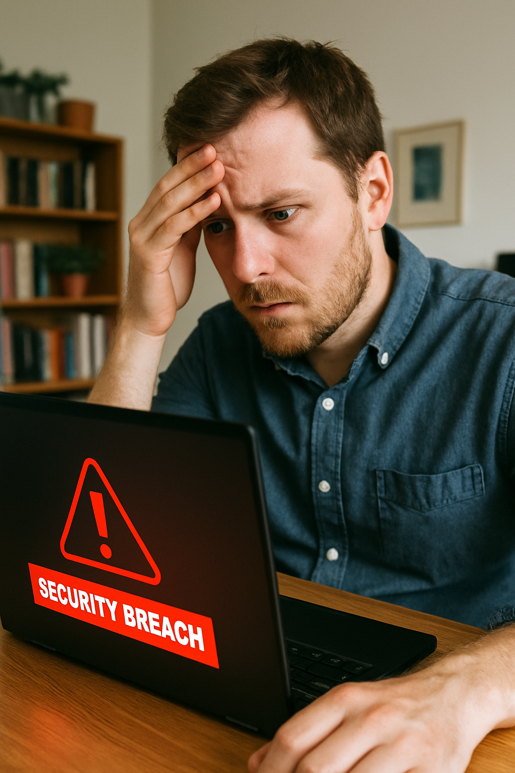 Bekymret mann ser på laptop med “Security Breach”-varsel på skjermen.