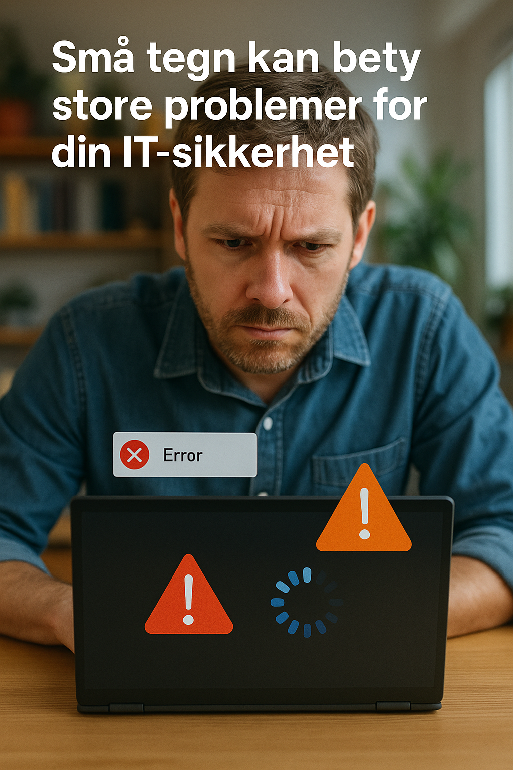 Mann ser bekymret på laptop med varseltrekanter, feilmelding og lastesymbol på skjermen.