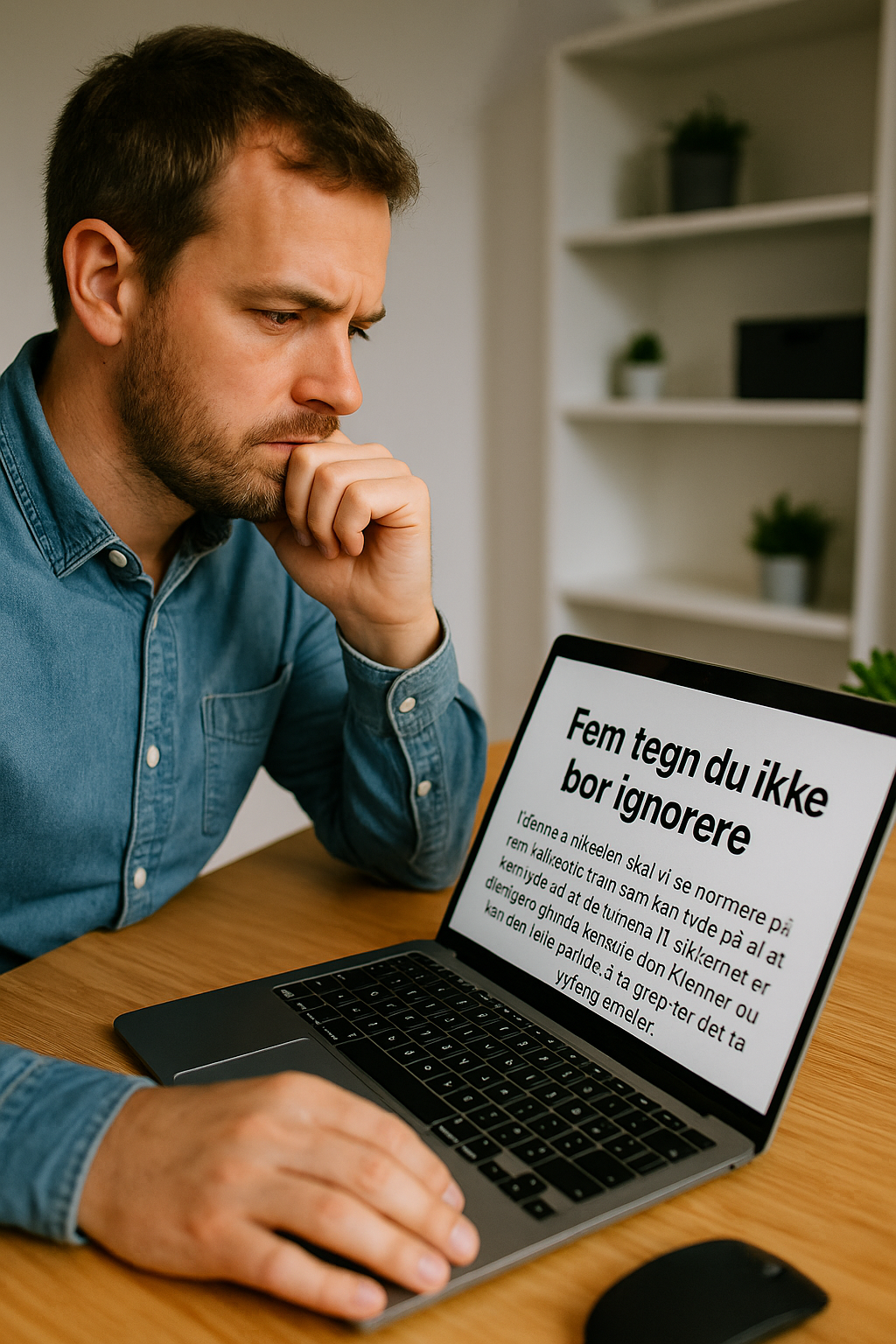 Mann ser tenksomt på laptop med teksten 