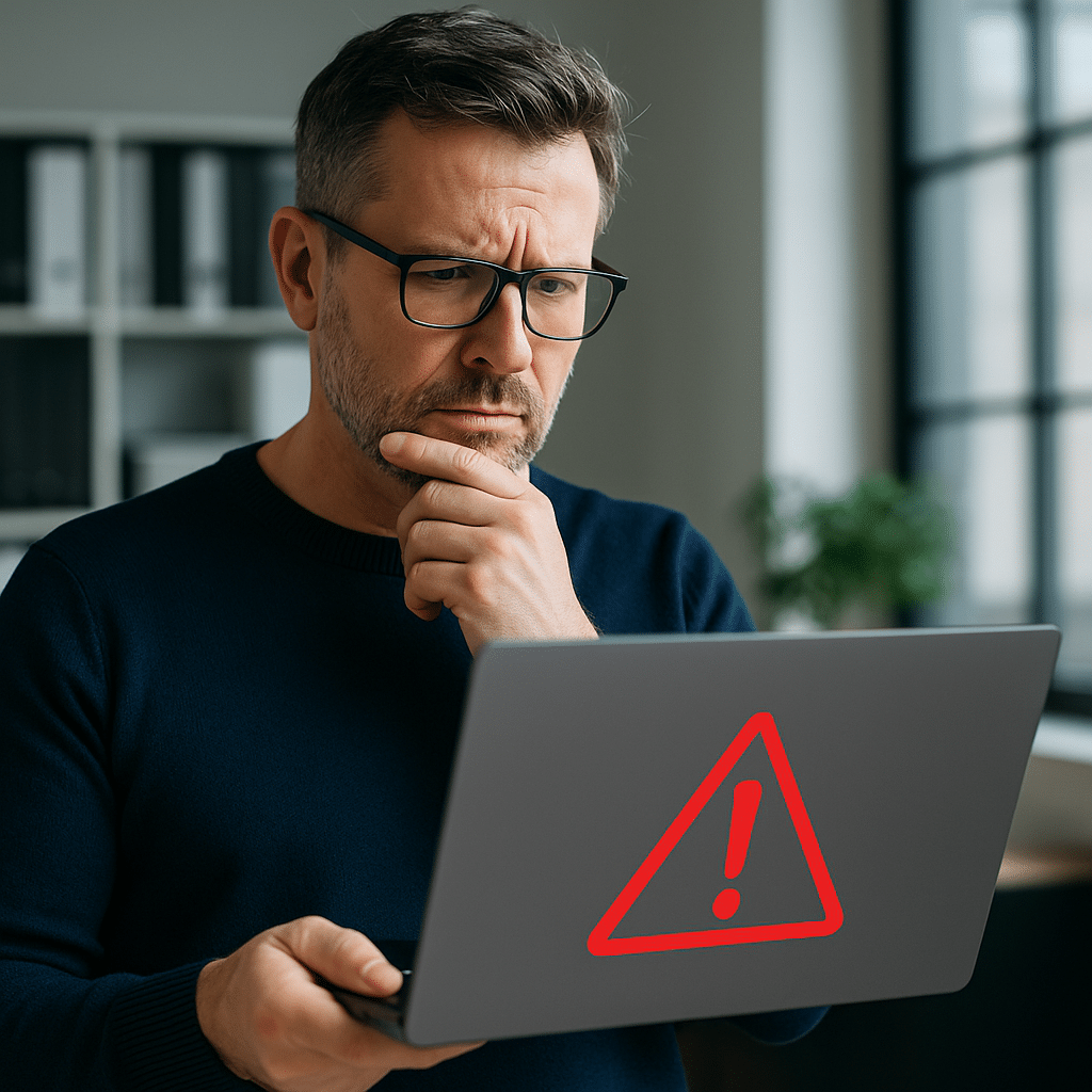En bekymret mann ser på en bærbar PC med varseltrekant – et tydelig tegn på svak IT-sikkerhet i bedriften.