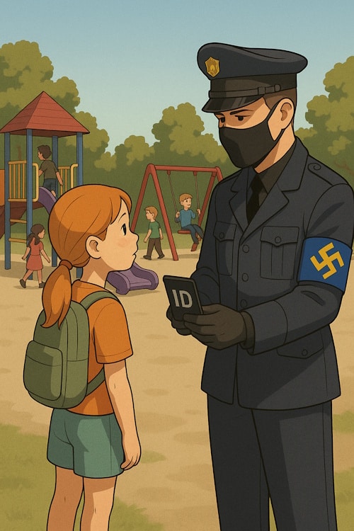Illustrasjon av en politi-offiser i mørk uniform med blått EU-armbånd med gult hakekors som sjekker ID på et barn på en lekeplass, mens andre barn leker i bakgrunnen.
