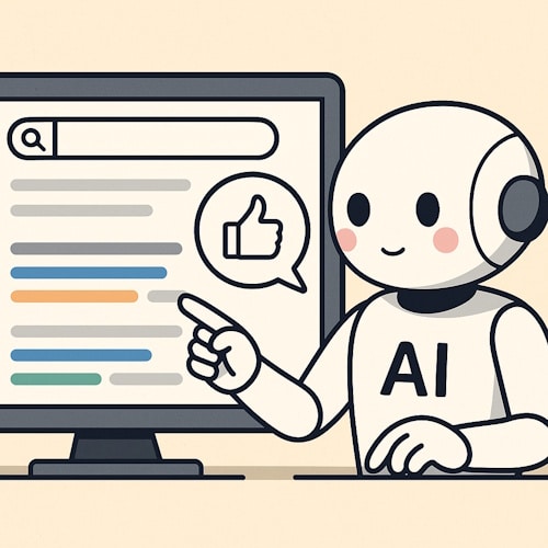Digital illustrasjon av en vennlig KI-robot som evaluerer søkeresultater på en dataskjerm. Roboten peker på et søkeresultat og gir en tommel opp, som symboliserer hvordan kunstig intelligens vurderer og anbefaler innhold basert på kvalitet.