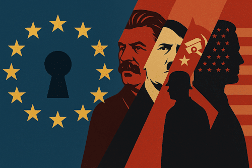 Digital illustrasjon av EU-flagget som en låssylinder, som gradvis avslører indre lag med portretter av Stalin og Hitler, symboler for kinesisk overvåking og amerikansk makt, som en visuell metafor for skjult autoritær kontroll bak en demokratisk fasade