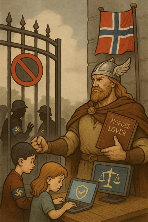 Illustrasjon av Norge som står foran en port med norsk flagg og holder Grunnloven, mens mørke EU-figurer med blå armbånd med gule hakekors forsøker å komme inn, men blir nektet adgang.