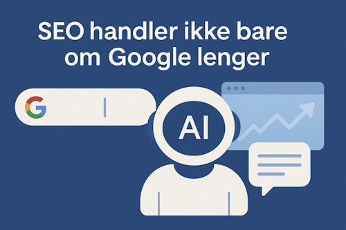 Illustrasjon som viser at søkemotoroptimalisering (SEO) i 2025 handler om både Google og kunstig intelligens (KI). En AI-figur analyserer informasjon mens Google-logoen og en samtaleboble vises i bakgrunnen.