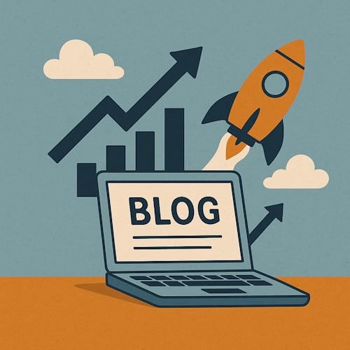 Illustrasjon av en laptop med blogg og en rakett som symboliserer blogging som driver organisk trafikk.