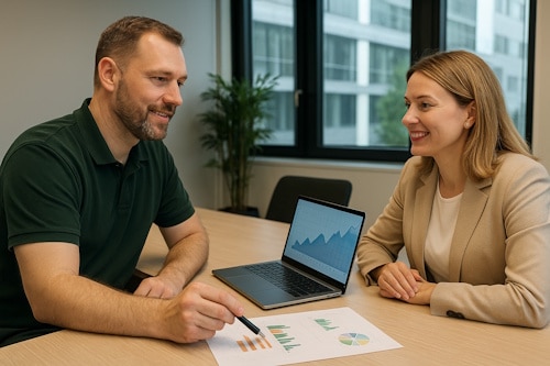 Illustrasjon av en kontorsituasjon der en rådgiver og kunde analyserer grafer og lager en bloggplan sammen.