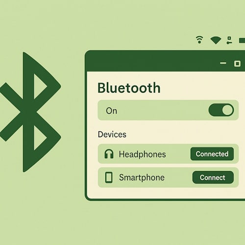 Illustrasjon av Bluetooth-ikon og innstillingsvindu i Linux-miljø.