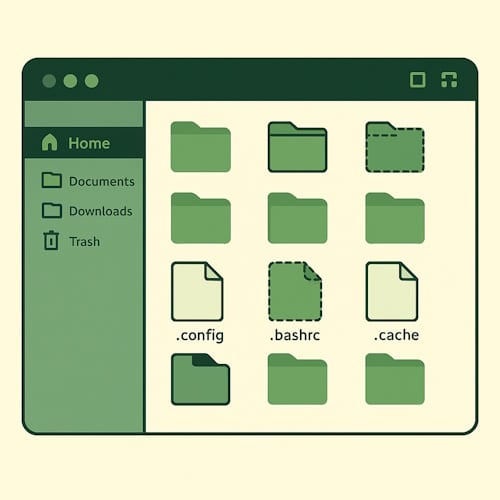 Illustrasjon av Debian filbehandler med skjulte filer synlige. (alt-tekst: Vise skjulte filer i Debian filbehandler