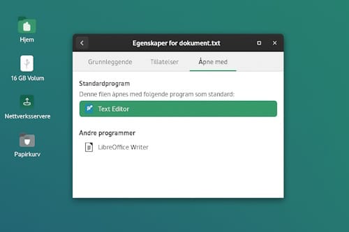 Debian-skrivebord som viser et egenskapsvindu for valg av standardprogram for filer.