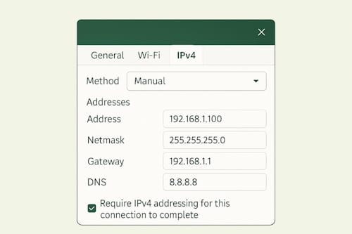 Skjermbilde av IPv4-innstillinger i Linux med manuell IP-adresse