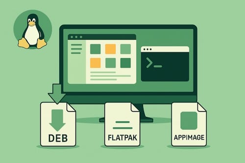 Illustrasjon av Linux-skrivebord med programinstallasjon via .deb, Flatpak og AppImage