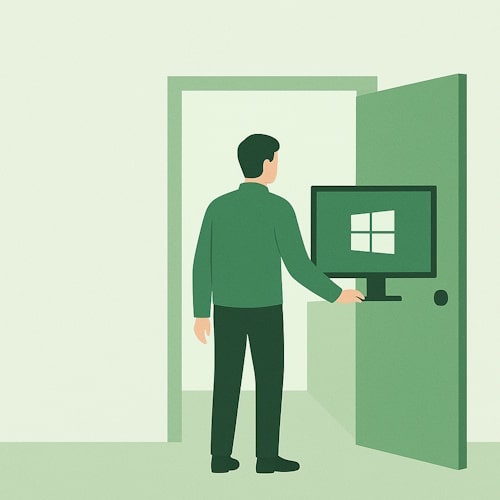 Illustrasjon av en bruker foran PC med speil som symboliserer overvåkning