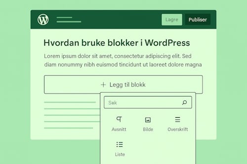 kjermbilde av WordPress blokkeditor der en ny blokk legges til i et innlegg