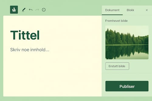 Skjermbilde av WordPress-editor der et fremhevet bilde er valgt i sidepanelet