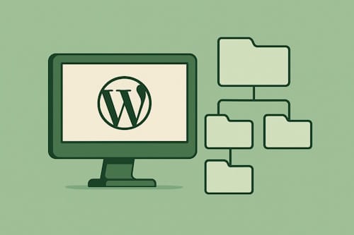 Illustrasjon av WordPress-logo på skjerm ved siden av en mappestruktur som symboliserer kategorier