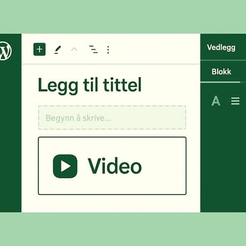 Skjermbilde av WordPress blokkeditor der en video settes inn via videoblokk